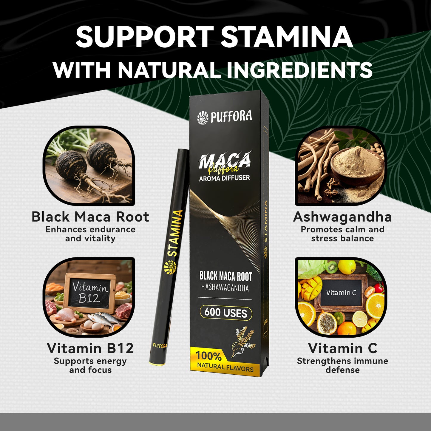 Herbal Diffuser Pen for Energy, Vitamin B12 & C, Maca Root + Ashwagandha – Plant-Based, Natural Alternative, Pocket Size, Berry Flavor, 600 Uses