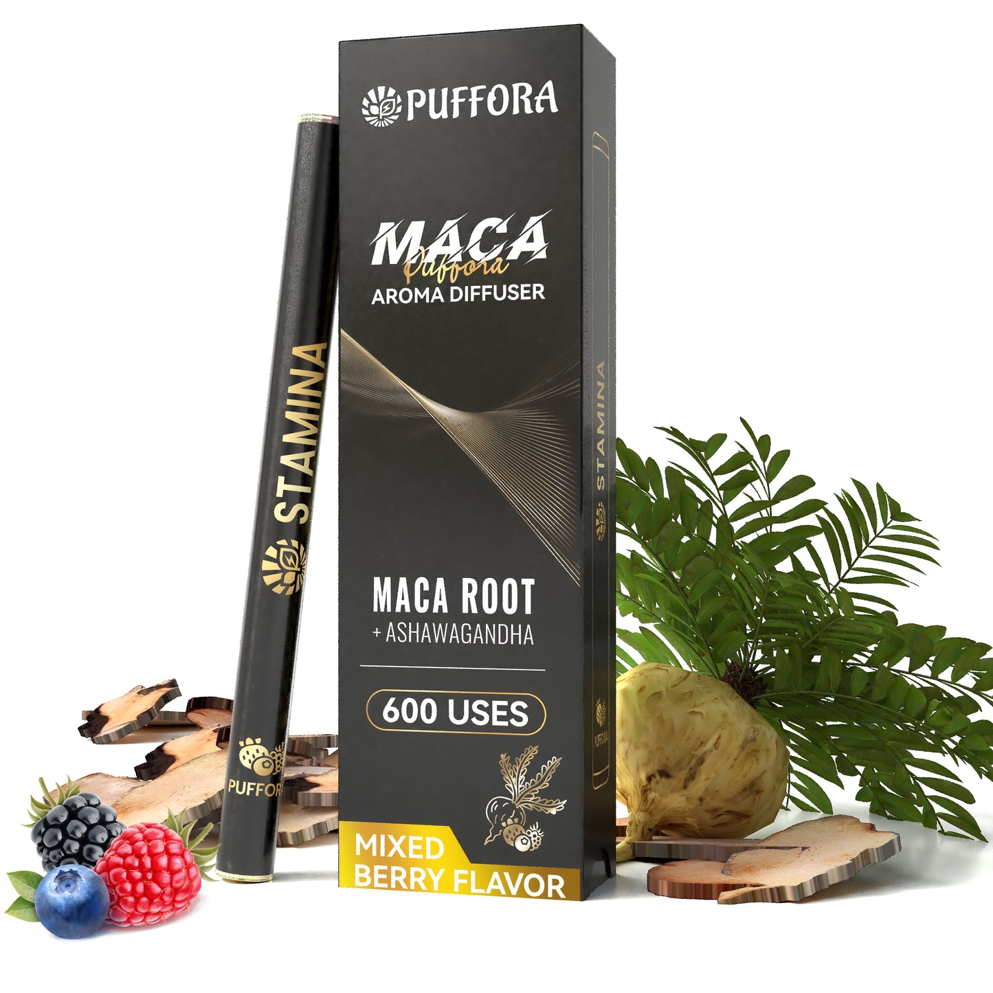 Herbal Diffuser Pen for Energy, Vitamin B12 & C, Maca Root + Ashwagandha – Plant-Based, Natural Alternative, Pocket Size, Berry Flavor, 600 Uses