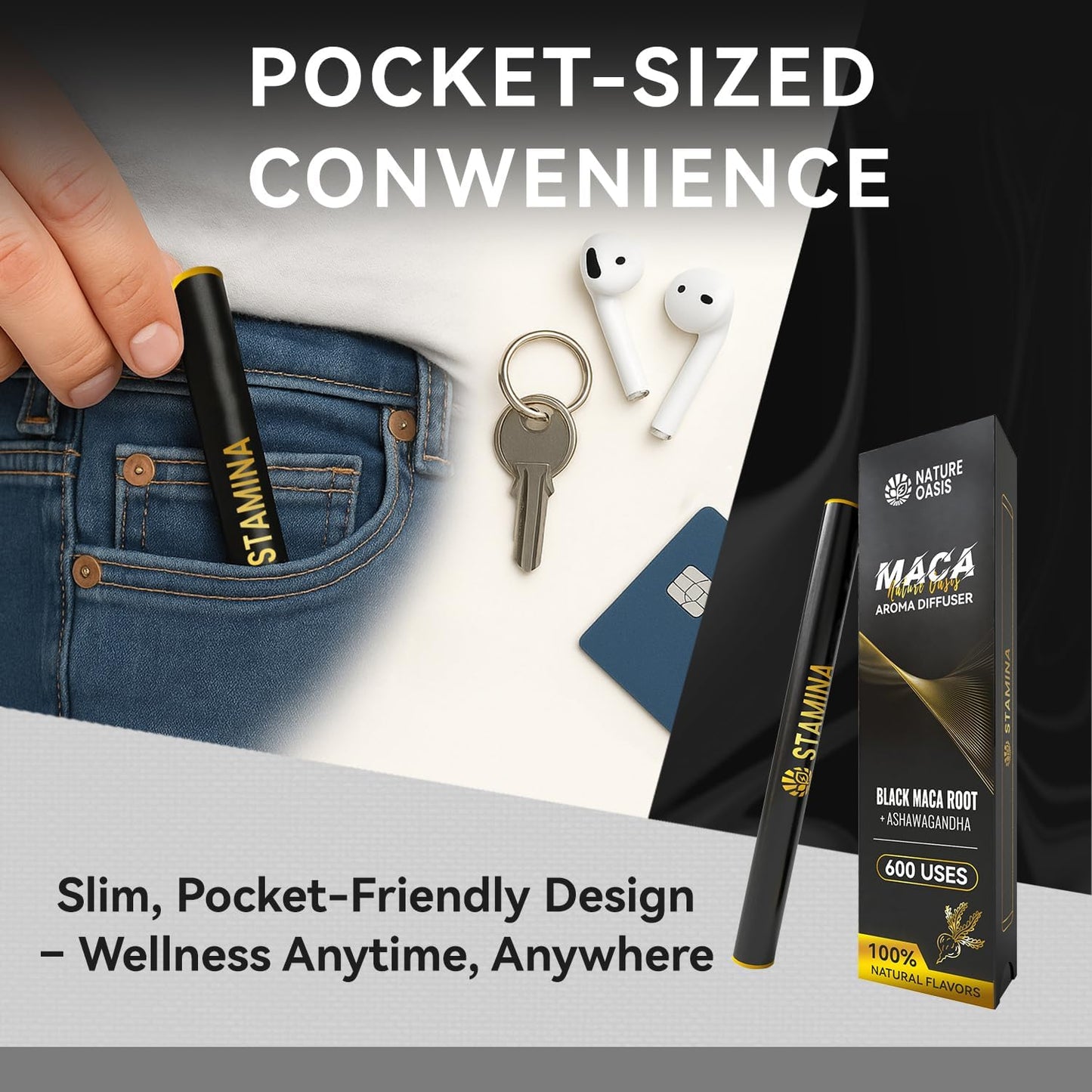 Maca Diffuser with Ashwagandha, Vitamin B12 & C – Natural Plant-Based Stamina Stick – Caffeine-Free Alpha Pen for Daily Vitality & Endurance-2 Packs